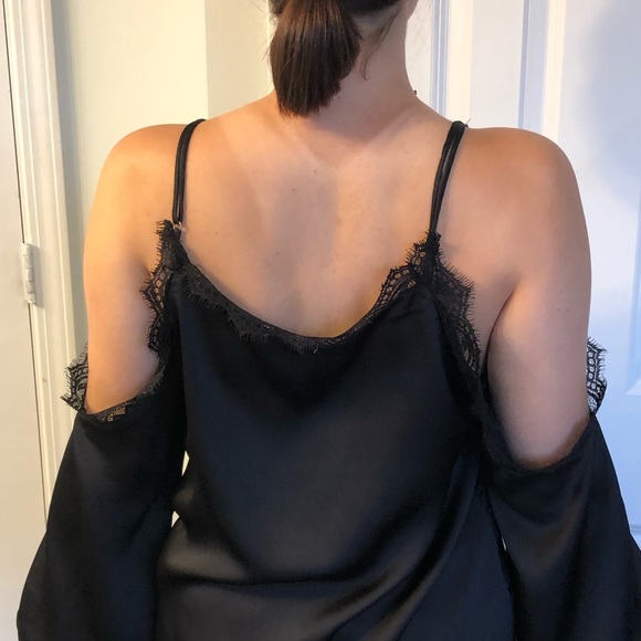 Black satin off the shoulder top - Picture 1 of 7